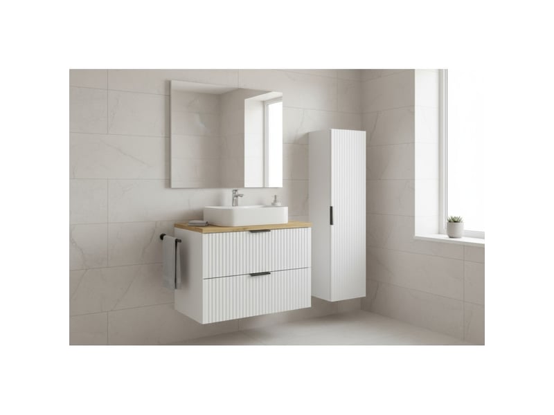 Ensemble de salle de bain noxera 80 cm – meuble sous vasque suspendu blanc alpin avec plan pour vasque chêne et colonne murale - Conforama B