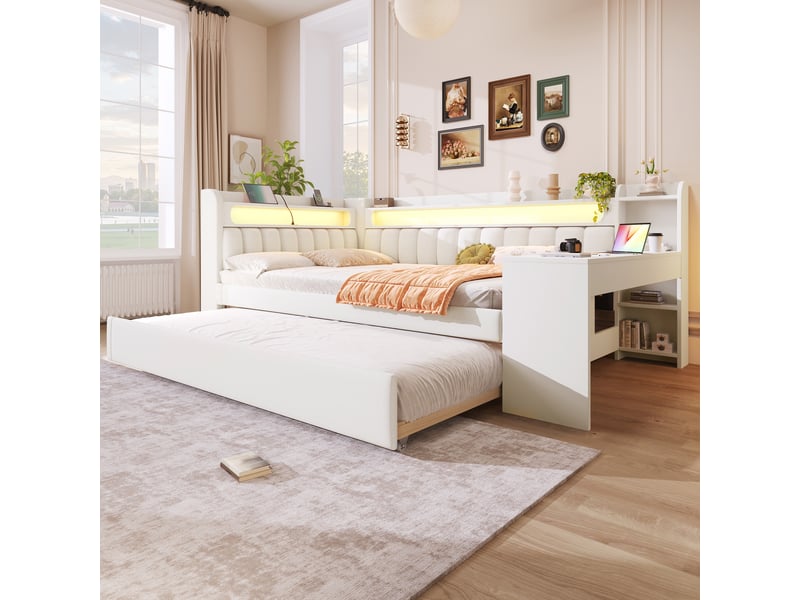  Lit gigogne 140x200 cm coloris blanc led mdf lit enfant blanc - Conforama E