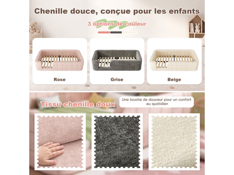  Lit enfant 90x190 cm rose, chenille douce, cadre de protection et entrée basse, sommier inclus  - Conforama C