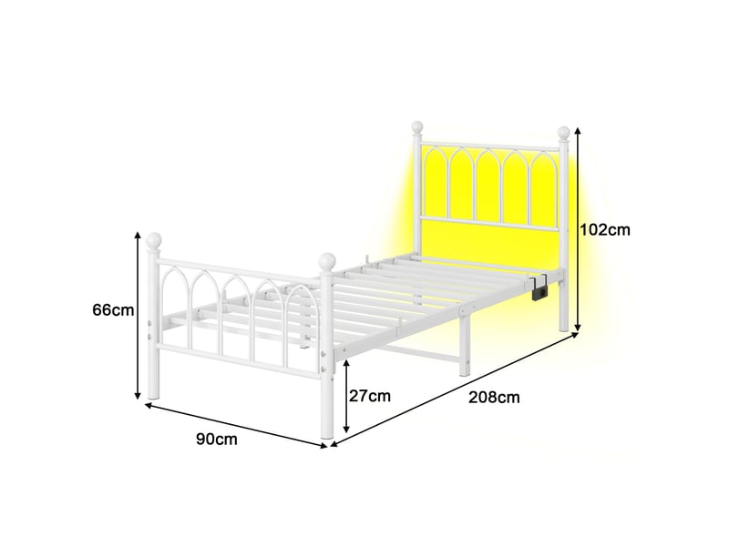 Lit simple 90x200 cm, blanc, en métal style vintage, doté de led et station usb, sans matelas  - Conforama C