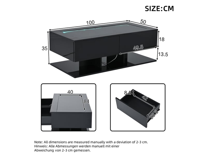  Table basse avec 2 tiroirs et led pour salon 100×50×35 cm en verre et panneaux de particules noir  - Conforama E