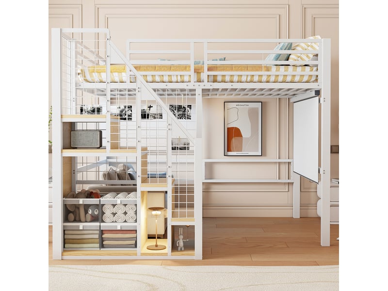  Lit mezzanine 140 × 200 cm 2 places avec rangement, étendoir et escalier sécurisé, sans matelas, blanc  - Conforama B