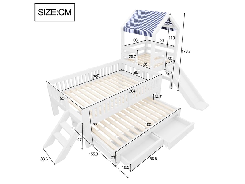  Lit superposé cabane 90x200 cm avec lit gigogne 90x190 - lit enfant en bois avec toboggan, escalier de rangement, tiroirs et toit en tissu, blanc evarich - Conforama C