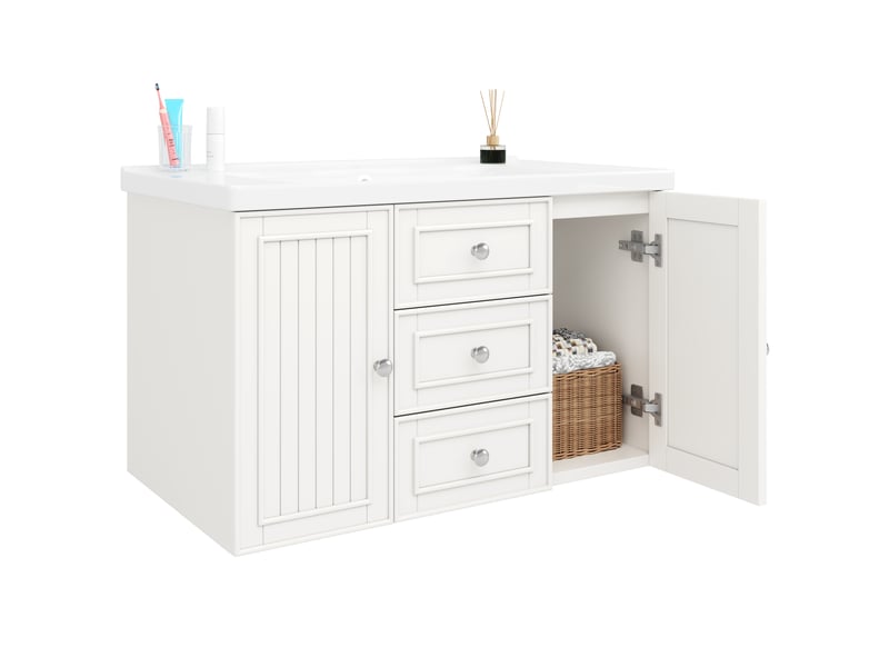 Meuble sous vasque suspendu avec 3 tiroirs et 1 porte, vasque en céramique, salle de bain, 78,5×46×46,8 cm - Conforama A