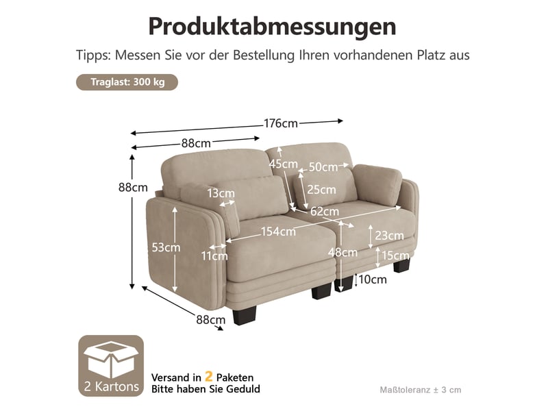  Canapé droit modulaire 2 places en chenille café clair avec coussins mobiles  - Conforama C