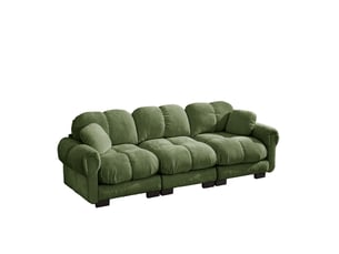 Canapé droit fixe 3 places en tissu vert avec 2 coussins déco, assise épaisse et dossier ergonomique