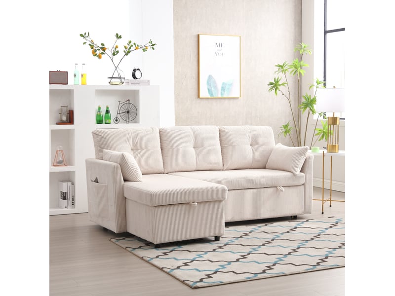  Canapé d'angle convertible modulable 3 places avec rangement et lit gigogne en velours côtelé beige  - Conforama E