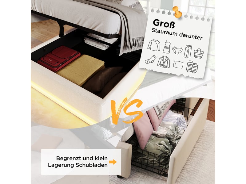  Lit rembourré 90x200 cm - usb-c - led - 2 tiroirs - gris avec matelas  - Conforama D