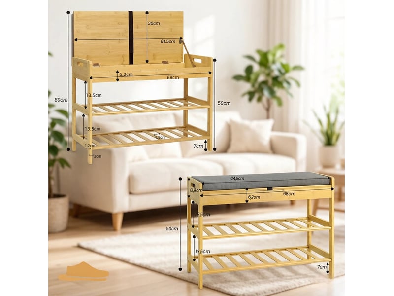  Banc à chaussures 68x30x50 cm avec assise confortable et compartiment caché, gris  - Conforama E