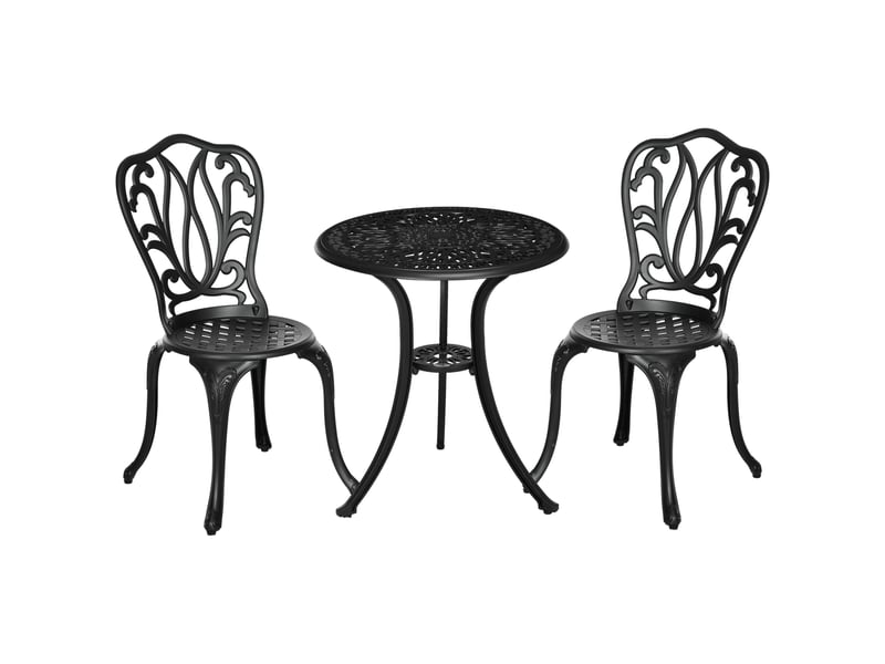  Ensemble salon de jardin 2 places 2 chaises + table ronde style charme rétro en fonte d'aluminium, noir  - Conforama A