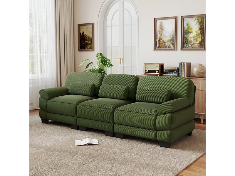 Canapé droit 3 places modulable, structure robuste, assise profonde et spacieuse, cordon cord doux et confortable, vert, pour se détendre au salon - Conforama B