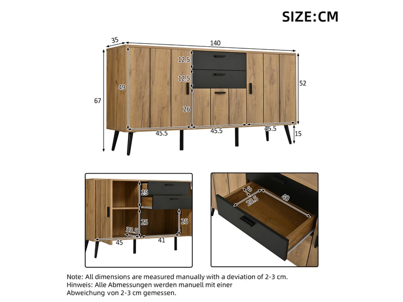  Buffet moderne effet bois et noir 2 tiroirs 3 portes 140x35x67cm  - Conforama E