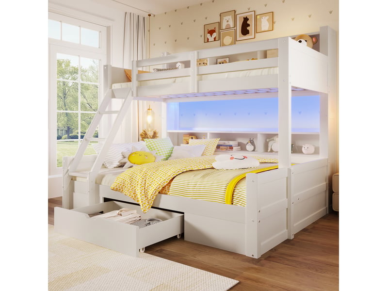  Lit superposé 90x200 cm et 140x200 cm, avec tiroir et led, en bois, blanc, sans matelas  - Conforama B