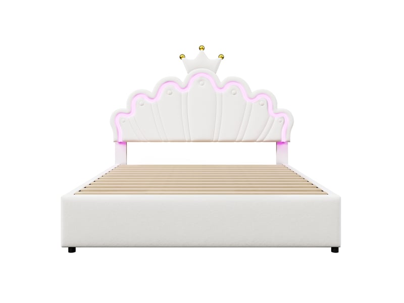 Lit rembourré blanc 140x200 cm style princesse avec led, 2 tiroirs et tête réglable - Conforama A