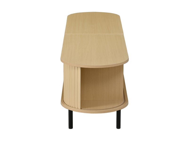  Meuble tv elliptique rainuré avec portes coulissantes, 2 compartiments ouverts, meuble média pour salon, mdf, pieds en métal, bords arrondis, design moderne  - Conforama E