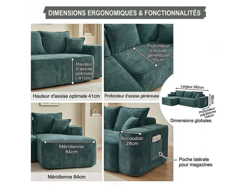 Canapé d'angle vert modulable chenille avec méridienne 262cm - assise profonde 4 places - Conforama R