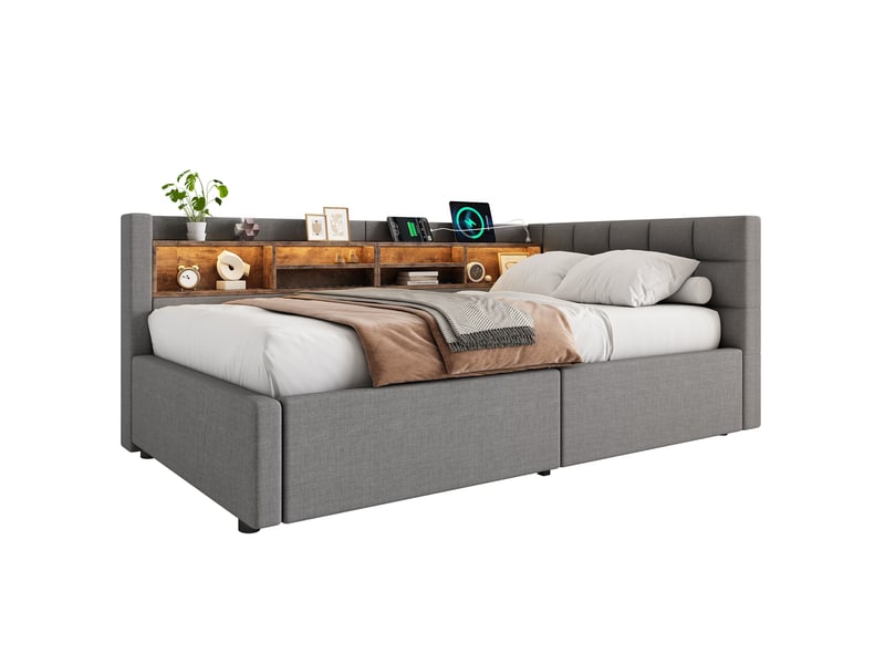  Lit banquette 90x200cm gris, relevage hydraulique, led réglable, étagère pratique, port usb, sans matelas  - Conforama A