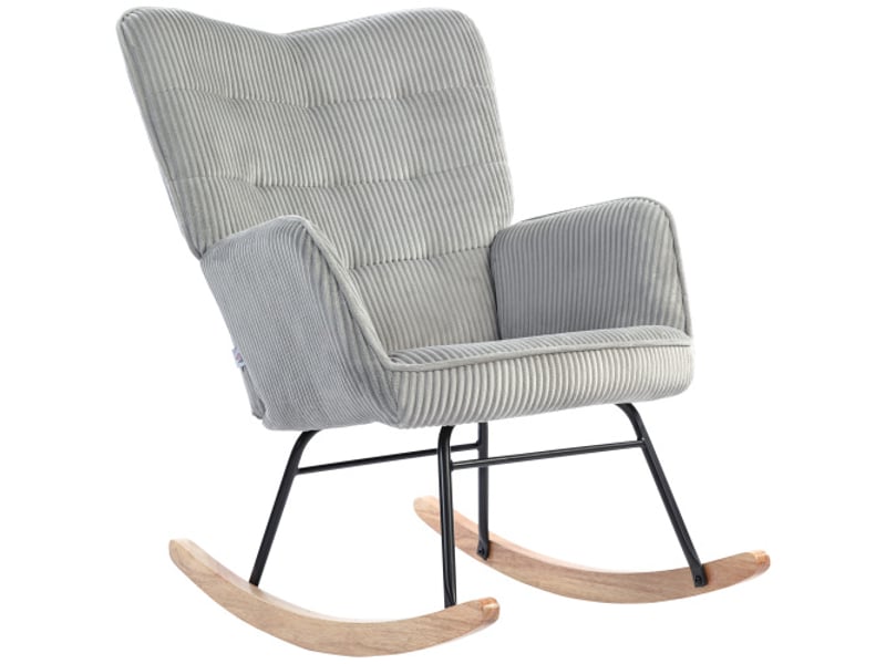  Fauteuil à bascule gris clair en tissu côtelé, accoudoirs et patins en bois, relax  - Conforama A