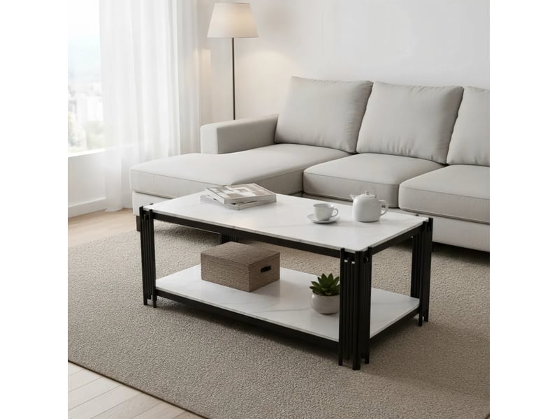 Table basse rectangulaire 114x63,5x46,3 cm 2 niveaux effet marbre blanc et noir  - Conforama D