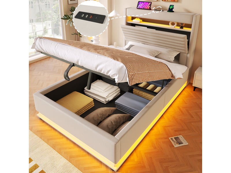 Lit coffre rembourré 90x200 cm, rangement hydraulique, led, usb-c, compartiment de rangement rabattable, lin, mdf et contreplaqué, beige OMNIGLINT TRADING LTD - Conforama E