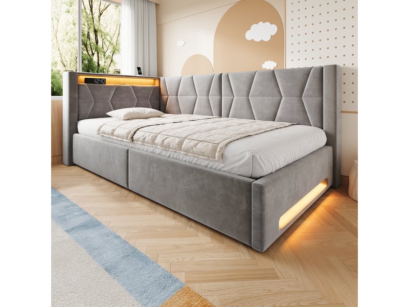 Lit coffre simple 90x200 cm en velours gris foncé avec led, usb et type-c, sommier inclus, chambre d’enfant - Conforama B