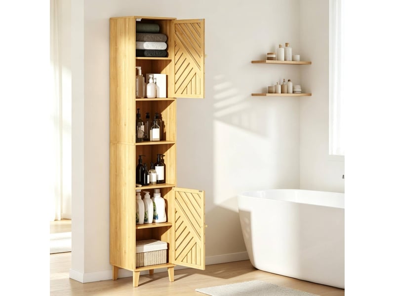 Armoire de salle à bain avec 2 portes, 2 niches ouvertes et étagères réglables, effet bois naturel, 32 × 30 × 170 cm  - Conforama D