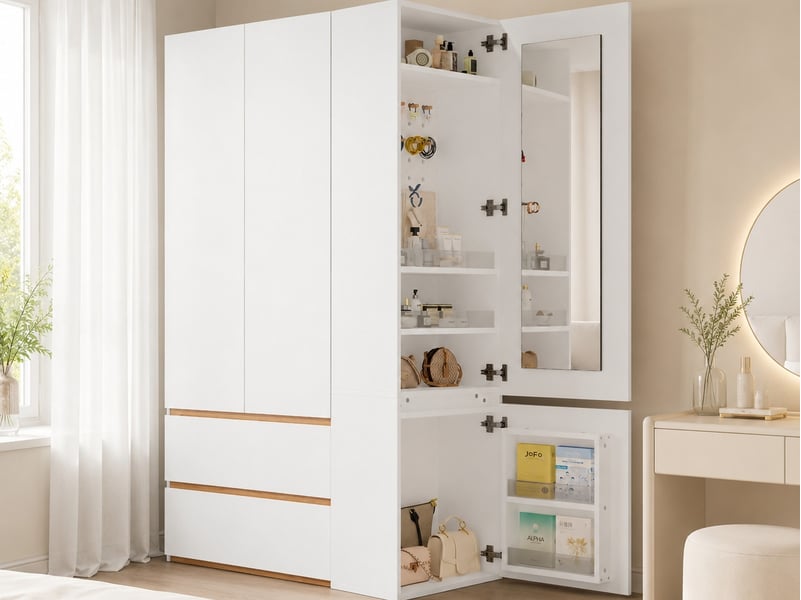  Ensemble d'armoire avec miroir et coiffeuse, 1 tringle et 2 tiroirs, 120 x 50 x 200 cm, blanc  - Conforama B