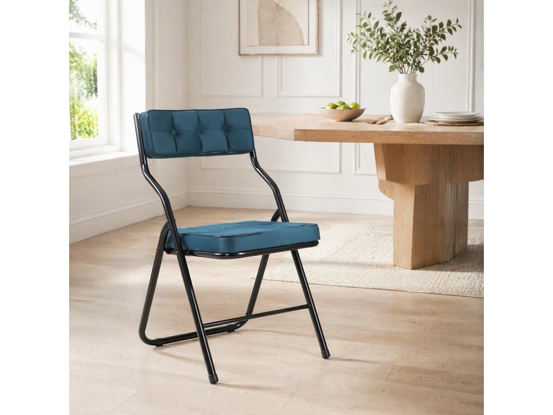  Chaises pliantes rembourrées 2 pièces, dossier incurvé à 110°, acier et velours bleu  - Conforama B