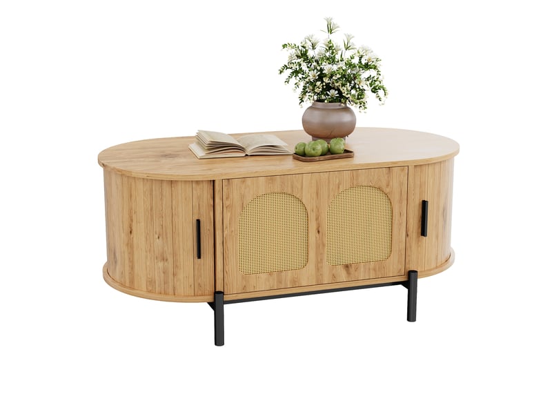  Table basse, avec rangement intégré, 100 x 50 x h 40 cm, bois naturel, structure en mdf, portes coulissantes, plateau ovale, façade effet rotin Luxe haut de gamme - Conforama A