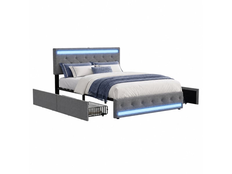 Lit coffre 140×200cm, avec 4 tiroirs à roulettes, cadre rembourré en lin gris, avec éclairage led, ports usb, matelas non inclus - Conforama A