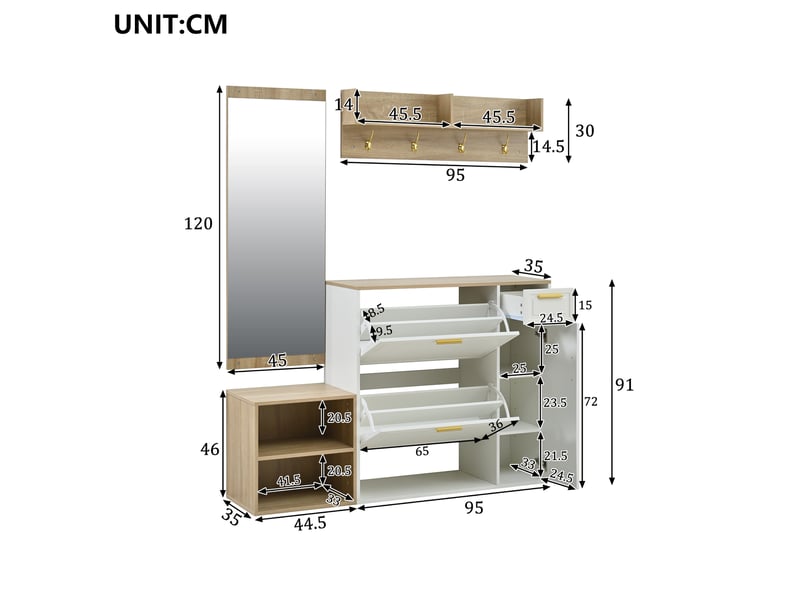  Ensemble vestiaire d'entrée 4 pièces avec meuble à chaussures, banc, panneau mural et miroir, blanc et décor bois naturel  - Conforama C