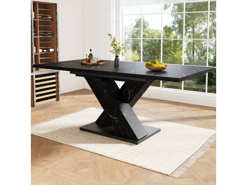  Table à manger rectangulaire extensible 119-158,5 x 80 cm, plateau mdf effet marbre noir, piètement en x, rails métalliques, 4 à 6 places  - Conforama B