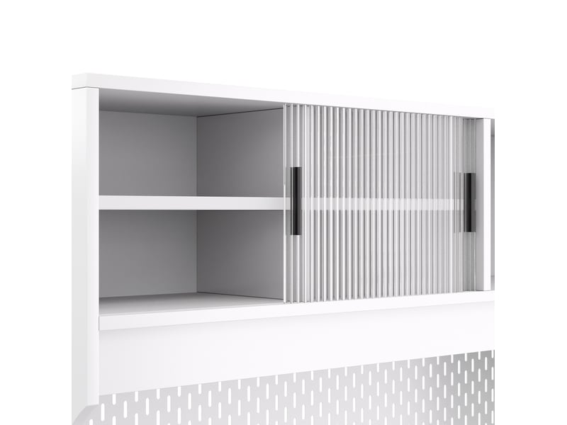  Buffet de cuisine avec 4 portes coulissantes en verre rainuré, 2 tiroirs et panneau perforé, blanc, 117 × 30 × 170 cm  - Conforama E