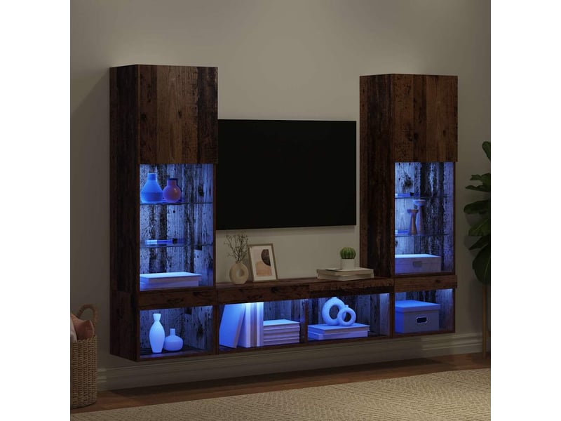  Meuble tv - unités murales tv avec led 5 pcs bois ancien bois d'ingénierie  - Conforama E
