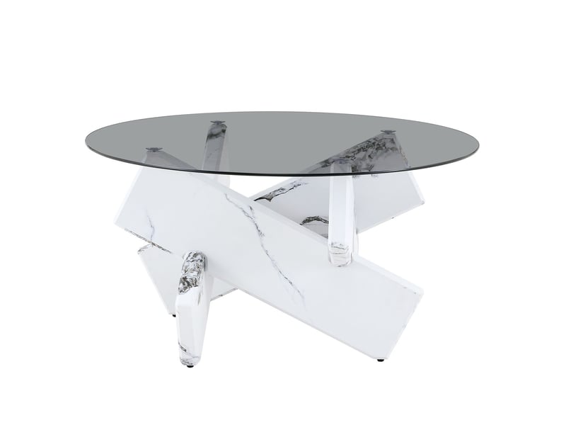 Table basse ronde table de salon en verre plateau en verre piètement designer stable aspect bois effet marbre style moderne  - Conforama A