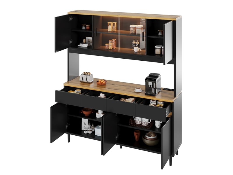  Buffet de cuisine 160x40x185 cm avec led et usb, 4 tiroirs et 8 portes, coloris noir et chêne  - Conforama A