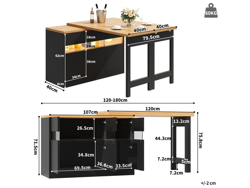 Table bar extensible 120-180 cm avec led, rotation à 360°, rangement, noir naturel - Conforama C