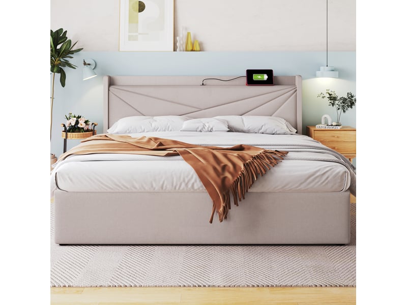  Lit coffre 160 × 200 cm 2 places avec usb et type-c, matelas inclus, tête de lit rembourrée, beige  - Conforama C