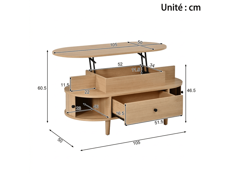  Table basse relevable ovale avec rangement portes coulissantes naturel  - Conforama D