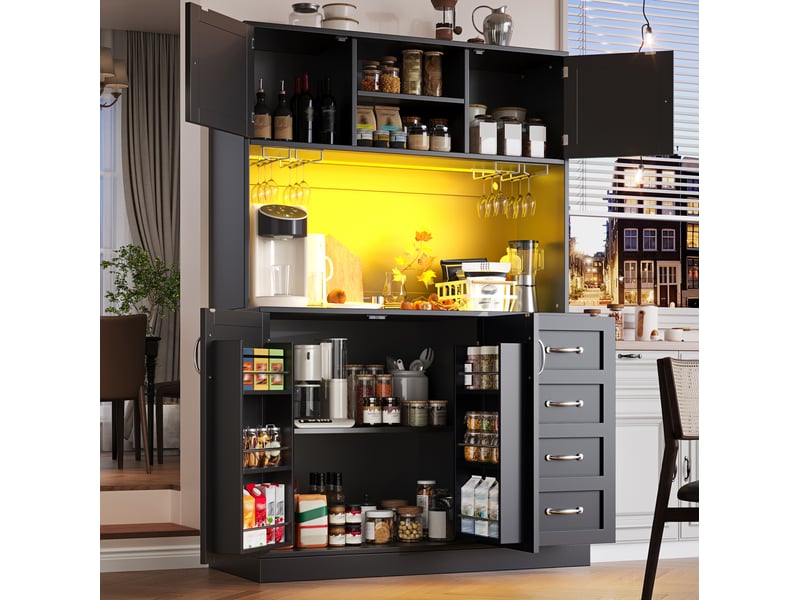  Buffet haut modenvie 120 x 40 x 188 cm led 4 portes 2 grands tiroirs mdf noir  - Conforama B
