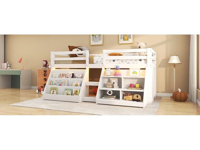 Lit mezzanine 90x200 cm avec rangements, échelle, led, en bois, blanc, sans matelas  - Conforama D