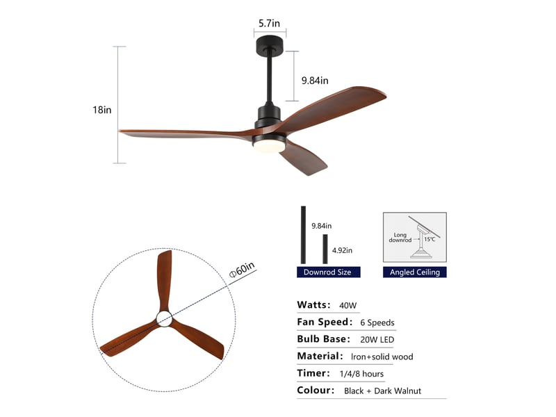 Ventilateur de plafond 152 cm à 3 pales en bois noyer et noir avec led - Conforama C