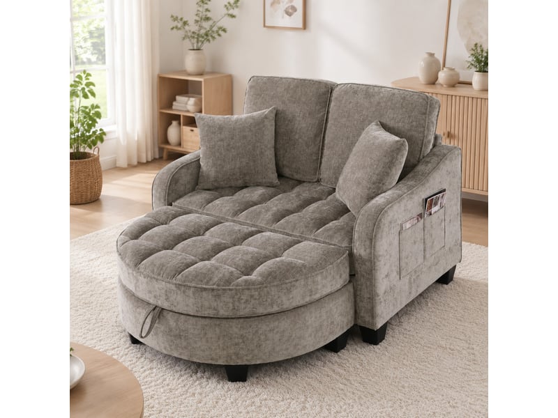 Canapé-lit convertible 1 place en tissu marron avec pouf de rangement, idéal pour les petits espaces - Conforama B