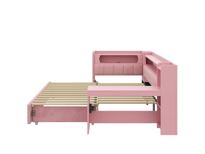 Lit gigogne extensible 90/180x200 cm avec bureau, led 7 couleurs, ports usb, tissu lin rose, sans matelas  - Conforama D