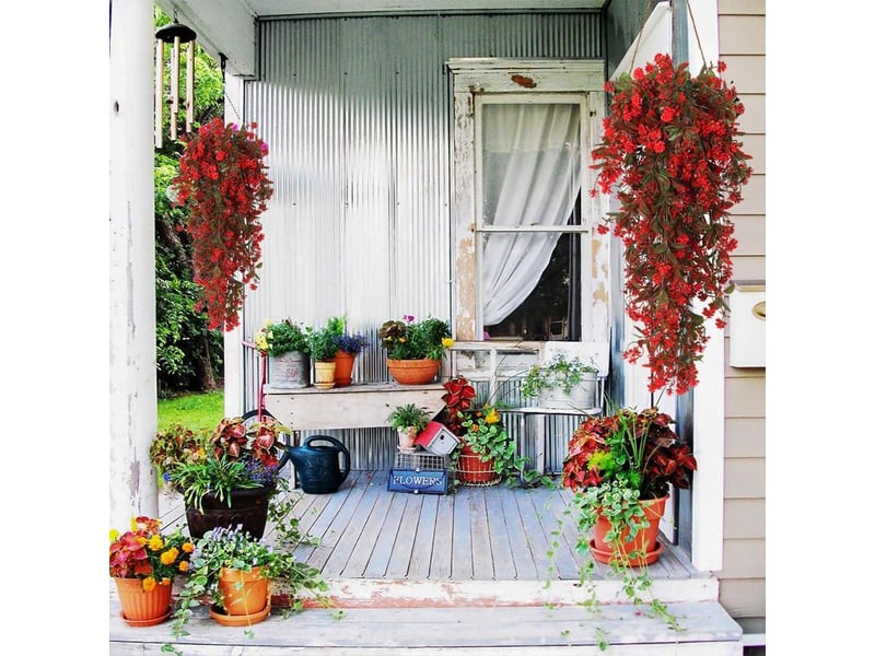  Lot de 2 plantes retombantes artificielles rouges avec fleurs et feuillage vert, décoration sans entretien résistante aux uv pour jardin et terrasse  - Conforama E
