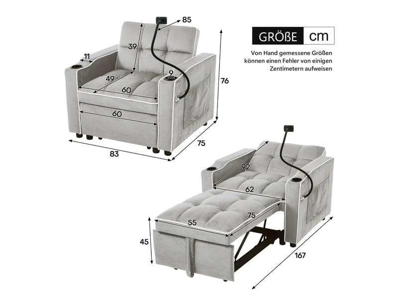  Canapé‑lit individuel 3‑en‑1 extensible 83 x 167 x 76 cm, fauteuil convertible avec porte‑gobelets et support pour téléphone Fay Lum - Conforama C