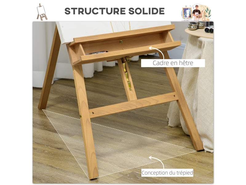  Chevalet de peinture pliant en hêtre avec hauteur et angle réglables, bois naturel, 65x110x180-235 cm  - Conforama E