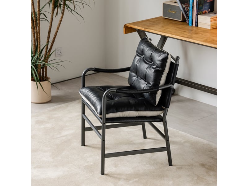  Fauteuil d'appoint cuir mid century moderne avec cadre en métal noir, pour salon et chambre, 60x62x90 cm  - Conforama B