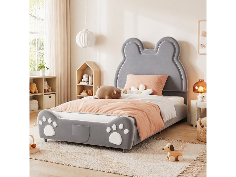  Lit enfant 90x200 cm en velours gris forme ours  - Conforama D