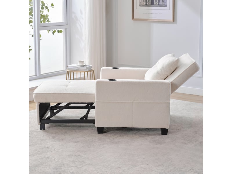  Fauteuil convertible 3 en 1 avec dossier réglable, port usb, porte-gobelets et poche latérale en bois métal blanc  - Conforama C
